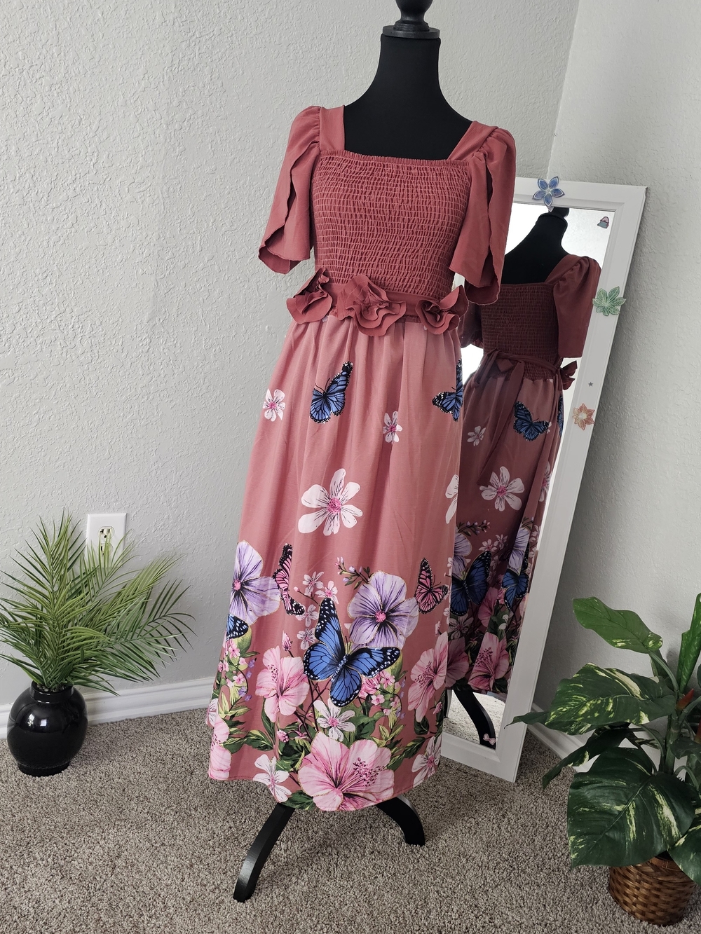 Smocked Square-Neck Maxi Dress with Floral & Butterfly Print - Rose Pink